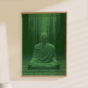 May include: A rectangular wall art print featuring a digital representation of a person in a seated meditation pose. The figure is composed of vertical green lines and data code, set against a dark green background with cascading light effects.