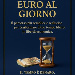 Peut inclure: Visuel bleu foncé avec texte doré : "DA O A 50 EURO AL GIORNO". Un sablier et une pile de billets en euros sont présents. Le texte "Il percorso più semplice e realistico per trasformare il tuo tempo libero in libertà economica" est également présent.