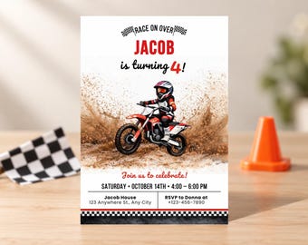 Invitación de cumpleaños con temática de motocross, invitación para fiesta de motocross para niño, cumpleaños de carreras, cualquier edad, plantilla editable de Canva, descarga digital.