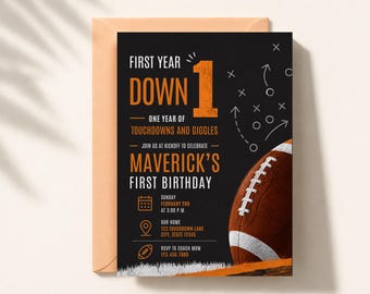 Faire-part d'anniversaire de football, invitation de fête de football américain, première année en bas, invitation pour le 1er anniversaire de garçon, modèle de toile, téléchargement numérique