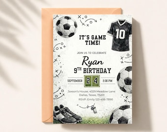 Digital nedladdning av fotbollsinbjudan, redigerbar mall för fotbollsfest för alla åldrar för pojkar, utskrivbar fotbollsinbjudan