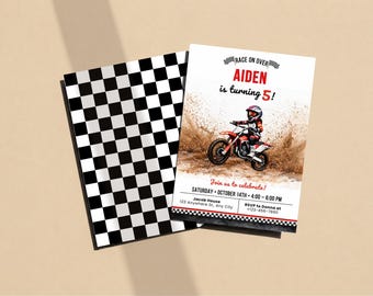 May include: A rectangular birthday invitation card featuring a dirt bike rider kicking up mud, with the text RACE ON OVER, AIDEN is turning 5, Join us to celebrate, and event details. The reverse side displays a black and white checkered pattern.