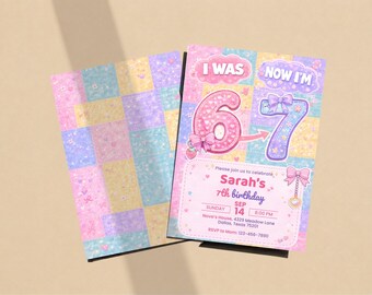 Six Seven Birthday Invitation, I Was 6 Now I'm 7 Birthday Invitation, Girl 7th Birthday Invite, Editable Canva Template, Digital Download