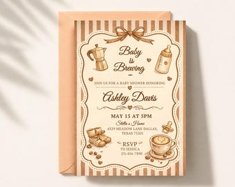Baby is aan het brouwen babyshower uitnodiging digitale download, koffie thema babyshower uitnodiging canva sjabloon, afdrukbare babyshower uitnodiging