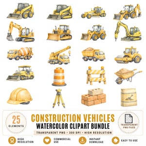 Akvarell byggfordon Clipart, bygglastbil PNG-paket, grävmaskin Clipart, bulldozer PNG, kommersiellt bruk, omedelbar nedladdning