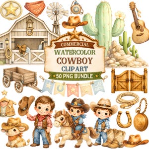May include: A watercolor clip art bundle featuring western elements including a barn, windmill, cactus, guitar, wagon, cowboy hats, horseshoes, ropes, a pocket watch, and illustrations of children dressed as cowboys with a horse and calf.