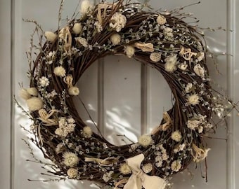 Corona de ramitas de abedul primaveral - Decoración de puerta de Pascua - Decoración de entrada hecha a mano con flores secas - Decoración de pared neutra