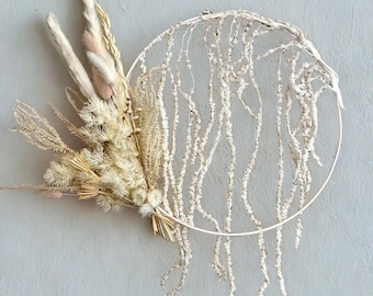 Decoración de boda bohemia: corona de aro con flores secas, color blanco y crema, regalo de inauguración.