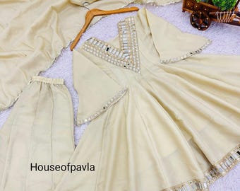 Women Silk Sharara Suit with Mirror Work, Party Wear Indian Ethnic Dress, Wedding Wear Sharara Set