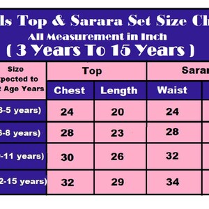 May include: A size chart for girls' tops and Sarara sets, with measurements in inches. The chart is for ages 3 to 15 years, detailing chest, length, and waist sizes. The chart is in a pink and blue color scheme.
