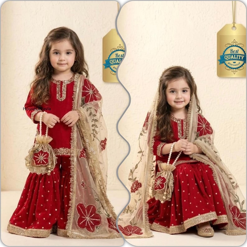 May include: Two images of a young girl wearing a red traditional outfit. The outfit includes a long-sleeved top, flared pants, and a sheer scarf with floral embroidery. She holds a matching purse. Gold trim and embellishments are visible.