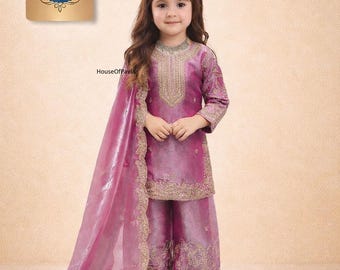 Girls Kurti Sharara Set, Indian Silk Ethnic Wear with Dupatta for Eid, Pakistani dress kids, Indian Kids Kurta Palazzo Set