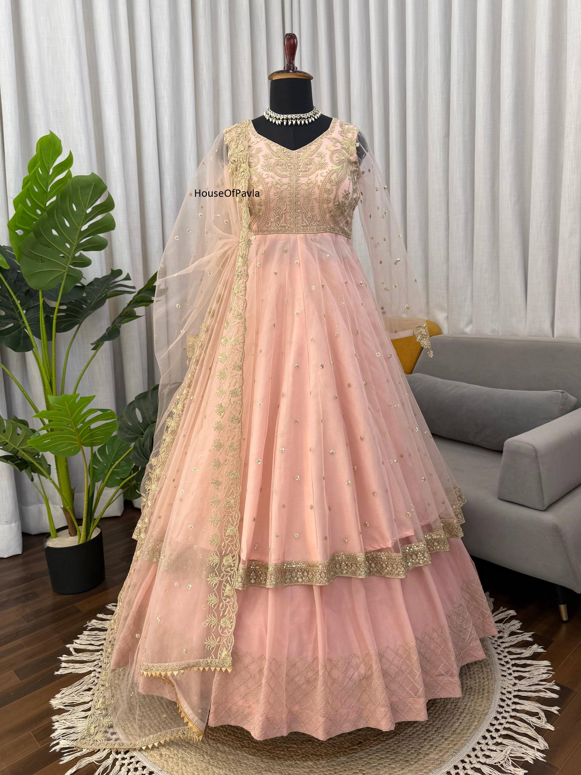 Abito Indiano Salwar Kameez Anarkali Arancione - Taglia XL, Ricamo Pesante, Nuovo