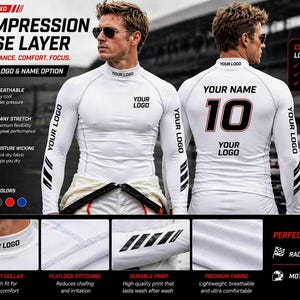 May include: A white long-sleeve compression base layer featuring mock neck styling, flatlock stitching, and customisable text areas including 'YOUR NAME' and 'YOUR LOGO'. The garment displays black graphic accents on the sleeves and back.