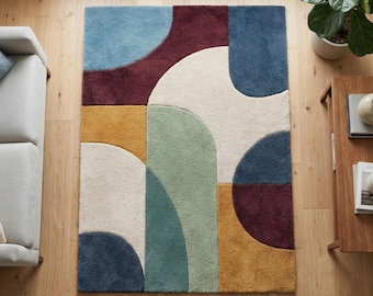 Handgetuft wollen tapijt, abstract geometrisch tapijt uit het midden van de eeuw, woonkamer slaapkamer woondecoratie