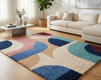 Alfombra de lana tejida a mano, alfombra abstracta de estilo moderno de mediados de siglo.
