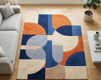 Hand Tufted Wool Area Rug, Mid Century Modern Abstract Geometric Blue Orange Cream