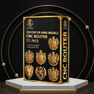 Pode incluir: Uma caixa preta com acabamentos dourados e o texto "CNCGOLD 220 COAT OF ARMS MEDALS CNC ROUTER STL PACK". A caixa exibe medalhas douradas de brasões. As palavras "CNC ROUTER" são exibidas verticalmente na lateral da caixa.