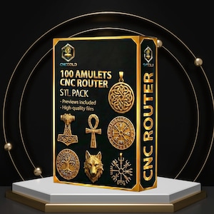 Könnte beinhalten: Eine schwarze Box mit goldenen Verzierungen zeigt den Text "CNCGOLD 100 AMULETS CNC ROUTER STL PACK". Die Box zeigt goldfarbene Amulett-Designs, darunter ein Wolfskopf, ein Lebensbaum und ein Wikingerkompass. Die Worte "CNC ROUTER" sind ebenfalls zu sehen.