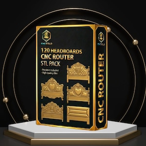 May include: A black box with gold trim and the text "120 HEADBOARDS CNC ROUTER STL PACK." The box displays gold-colored headboard designs. The words "CNC ROUTER" are vertically displayed on the side of the box. The background is black with gold accents.