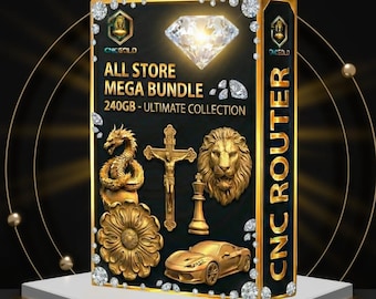 May include: A gold-colored box with the text "ALL STORE MEGA BUNDLE" and "240GB - ULTIMATE COLLECTION". The box features diamond and gold-colored decorative elements, including a dragon, cross, lion, chess piece, flower, and car.
