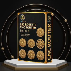 Op de afbeelding: Een zwarte doos met gouden randen toont de tekst "350 ROSETTE CNC ROUTER STL PACK" en "CNC GOLD" in gouden letters. De doos heeft gouden rozetontwerpen. De woorden "Previews included" en "High-quality files" zijn ook zichtbaar.