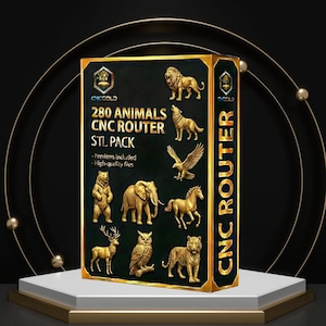Peut inclure: Une boîte noire avec des bordures dorées et le texte "280 ANIMAUX CNC ROUTER STL PACK" présente des sculptures d'animaux dorés. Les animaux comprennent un lion, un loup, un aigle, un ours, un éléphant, un cheval, un cerf, un hibou et un tigre. La boîte dit aussi "CNC ROUTER".