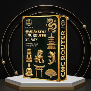 Könnte beinhalten: Eine Produktbox mit dunkelgrünem Hintergrund und goldenen Akzenten, die den Text "60 ASIAN STYLE CNC ROUTER STL PACK" zeigt. Die Box zeigt goldfarbene asiatisch inspirierte Designs, darunter ein Drache, eine Pagode und eine Buddha-Statue. Die Box steht auf einer weißen Plattform.