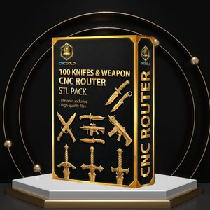 May include: A black box with gold trim and text reading "100 Knives & Weapon CNC Router STL Pack." The box displays gold-colored knife and weapon designs. The CNC Router text is vertically aligned on the side.