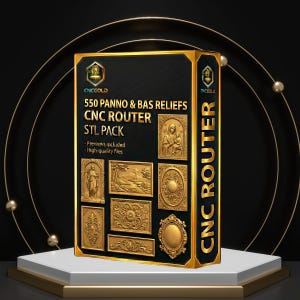 May include: A black box with gold trim displays the text "CNCGOLD 550 PANNO & BAS RELIEFS CNC ROUTER STL PACK". The box showcases gold relief designs, including religious figures and ornate patterns. The words "CNC ROUTER" are vertically displayed.