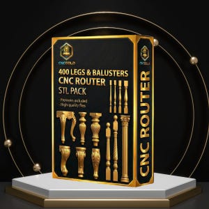May include: A black box with gold trim and text reading "400 LEGS & BALUSTERS CNC ROUTER STL PACK." The box displays various gold-colored leg and baluster designs, with the CNC ROUTER text on the side. The background is black with gold accents.