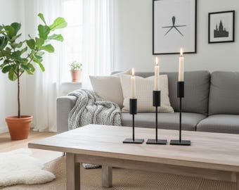 Minimalist Black Metal Candle Holder - Modern Industrial Steel Candlestick - Handmade Home Decor Centerpiece
