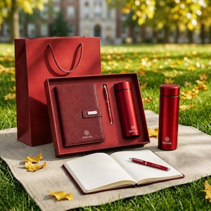 Può includere: Un set regalo rosso composto da un taccuino abbinato con chiusura magnetica, una penna a sfera e una borraccia termica, tutti marchiati con il logo Nova. Il set include una borsa regalo in carta rossa e un taccuino aperto con pagine a righe.