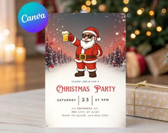 May include: Christmas party invitation featuring a cartoon Santa Claus wearing sunglasses and holding a beer. The invitation includes the text "Christmas Party", date, time, address, and RSVP information. The Canva logo is in the upper left corner.