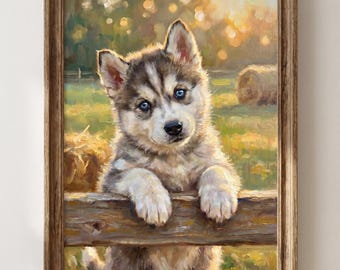 Könnte beinhalten: Gerahmtes Gemälde eines Siberian Husky-Welpen mit blauen Augen, der seine Pfoten auf einem Holzzaun abstützt. Das Kunstwerk hat einen weichen, malerischen Stil mit einem warmen, goldfarbenen Hintergrund aus Feld und Heuballen.