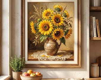 Peut inclure: Une peinture à l'huile encadrée représentant un bouquet de tournesols jaune vif dans un pichet en céramique marron, posé sur un napperon en dentelle blanche. L'œuvre présente des pétales détaillés, des feuilles vertes et des épis de blé.