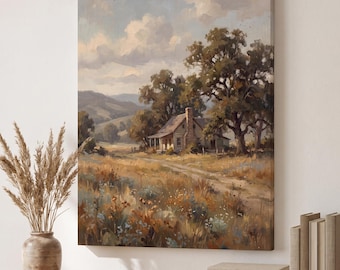 Peut inclure: Une impression sur toile carrée représentant un paysage avec une maison rustique nichée parmi de grands arbres dans un champ doré. La scène montre un chemin de terre menant vers la maison, des collines au loin et un ciel nuageux.