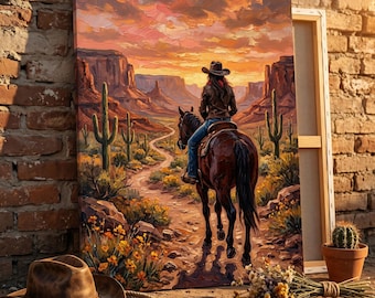 Cowgirl ridning ökensolnedgångstryck, rustik kanjon västerväggstavla (digital nedladdning)