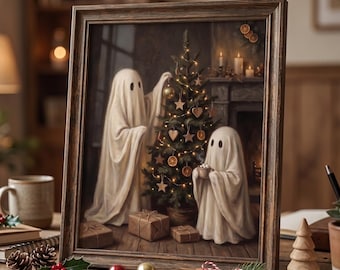 Affiche artistique fantôme de Noël, style vintage, décoration hivernale chaleureuse et fantaisiste