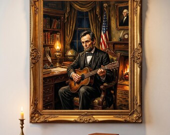 Abraham Lincoln jouant de la guitare, peinture à l'huile, art mural Dark Academia, parodie vintage, décoration historique humoristique