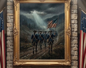 Peut inclure: Une peinture à l'huile encadrée représentant un groupe de soldats en uniformes du XVIIIe siècle marchant dans un paysage sombre et orageux tout en portant un drapeau américain. Le tableau est dans un cadre doré orné et flanqué de deux drapeaux.