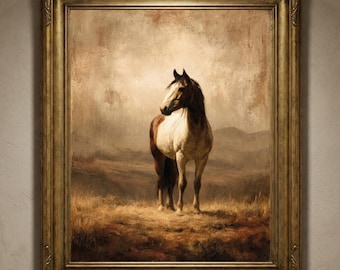 Peut inclure: Une peinture à l'huile encadrée représentant un cheval brun et blanc debout dans un champ herbeux. Le cheval est positionné au centre, tourné légèrement vers la gauche. L'arrière-plan montre des collines sous un ciel nuageux et terne. L'œuvre est insérée dans un cadre doré antique orné de sculptures détaillées.