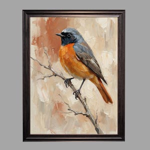 以下が含まれることがあります： 枝にとまる鳥を描いた額入りの油絵。鳥はオレンジ、グレー、黒の羽毛を持っています。背景は、茶色とベージュの色合いのテクスチャ加工された抽象的なデザインです。フレームは濃い茶色です。