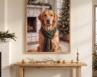Peut inclure: Une impression d'art encadrée représentant un golden retriever portant une écharpe à motifs verts et rouges. Le chien est placé devant une cheminée en pierre et un sapin de Noël décoré avec des lumières chaudes, créant une scène festive.