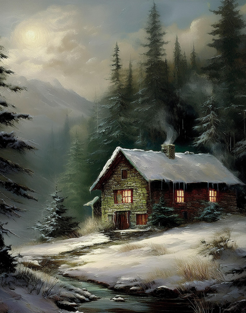 Winter Cabin Landscape Art Print | Snowy Forest Cottage Painting | Cozy ...