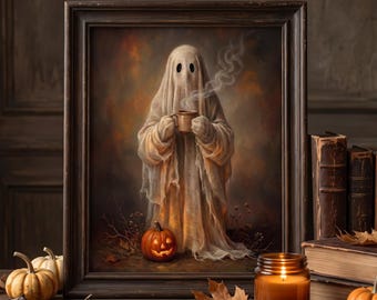 Peut inclure: Une peinture encadrée représentant un fantôme drapé dans un drap blanc, tenant une tasse fumante. Une petite citrouille d'Halloween se trouve aux pieds du fantôme. L'œuvre présente des tons sombres et chauds dans un cadre en bois.