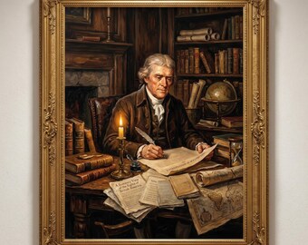 Peut inclure: Une peinture à l'huile encadrée représentant une personne en tenue du XVIIIe siècle écrivant à la plume sur un bureau. Le bureau contient une bougie, un encrier, un sablier et des documents intitulés A Summary View of the Rights of British America.
