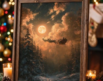 Peut inclure: Une impression d'art encadrée représentant une scène hivernale nocturne avec une pleine lune, la silhouette d'un traîneau tiré par des rennes volant dans un ciel orange nuageux et une forêt de pins enneigée au premier plan.