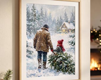 Peut inclure: Une impression de peinture à l'huile encadrée représentant une personne en manteau marron et jean bleu marchant dans une forêt enneigée avec un enfant portant un bonnet et une écharpe rouges. Ils tirent un petit sapin vers un chalet illuminé.