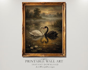 Swan Couple Wall Art: Moody Vintage Oil Painting Digital Download